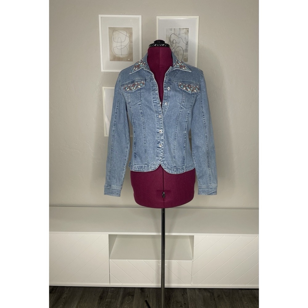 Christine Alexander Jacket‎ Women's M Blue Denim Embellished Rhinestone